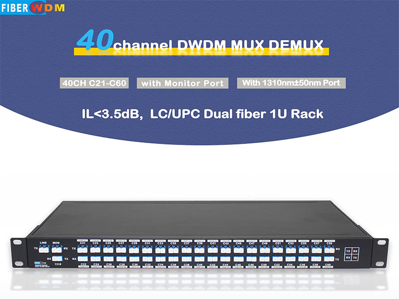 DWDM MUX DEMUX 40channels C21-C60 dual fiber LC/UPC 1U Rack