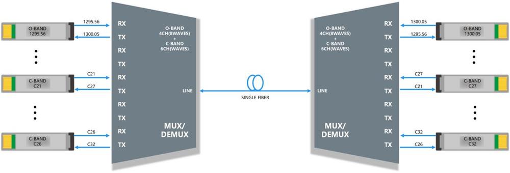6CH (12Waves) C-band + 4CH(8Waves) O-band DWDM MUX DEMUX 6CH (12Waves) C-band + 4CH(8Waves) O-band DWDM MUX DEMUX